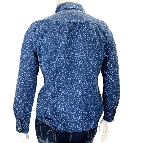 Talbots Womens Chambray Shirt Button Front Blue Animal Print Roll Sleeve Size 14 - Picture 7 of 12